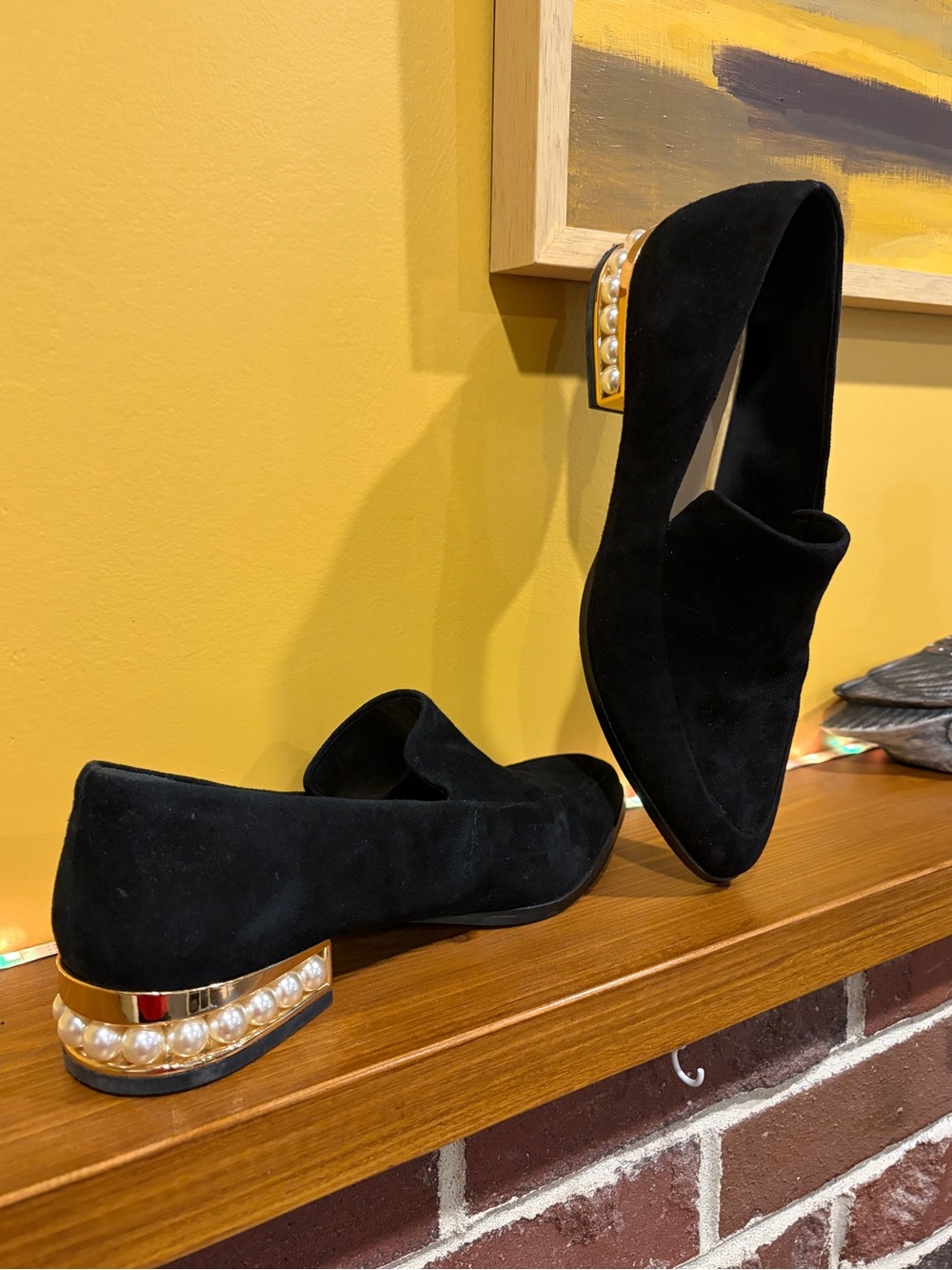Lord & Taylor Black Suede Pearl-Trim Loafers